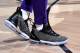 SAN DIEGO, CA - SEPTEMBER 30: The sneakers worn by LeBron James, No. 23 Los Angeles Lakers against the Denver Nuggets during a pre-season game on September 30, 2018 at the Valley View Casino Center in San Diego, in California. NOTE TO USER: The user acknowledges and expressly agrees that, by downloading and / or using this photograph, the user consents to the terms and conditions of the Getty Images License Agreement. Compulsory Copyright Notice: Copyright 2018 NBAE (Photo by Andrew D. Bernstein / NBAE via Getty Images)
