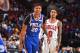 PHILADELPHIA, PA - OCTOBER 18: Markelle Fultz #20 of the Philadelphia 76ers and Antonius Cleveland #0 of the Chicago Bulls smile during the game on October 18, 2018 at the Wells Fargo Center in Philadelphia, Pennsylvania NOTE TO USER: User expressly acknowledges and agrees that, by downloading and/or using this Photograph, user is consenting to the terms and conditions of the Getty Images License Agreement. Mandatory Copyright Notice: Copyright 2018 NBAE (Photo by Jesse D. Garrabrant/NBAE via Getty Images)