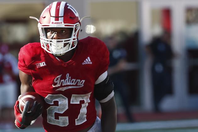 BLOOMINGTON, IN - SEPTEMBER 23: Morgan Ellison #27 of the Indiana Hoosiers runs the ball against the Georgia Southern Eagles at Memorial Stadium on September 23, 2017 in Bloomington, Indiana. (Photo by Michael Hickey/Getty Images)