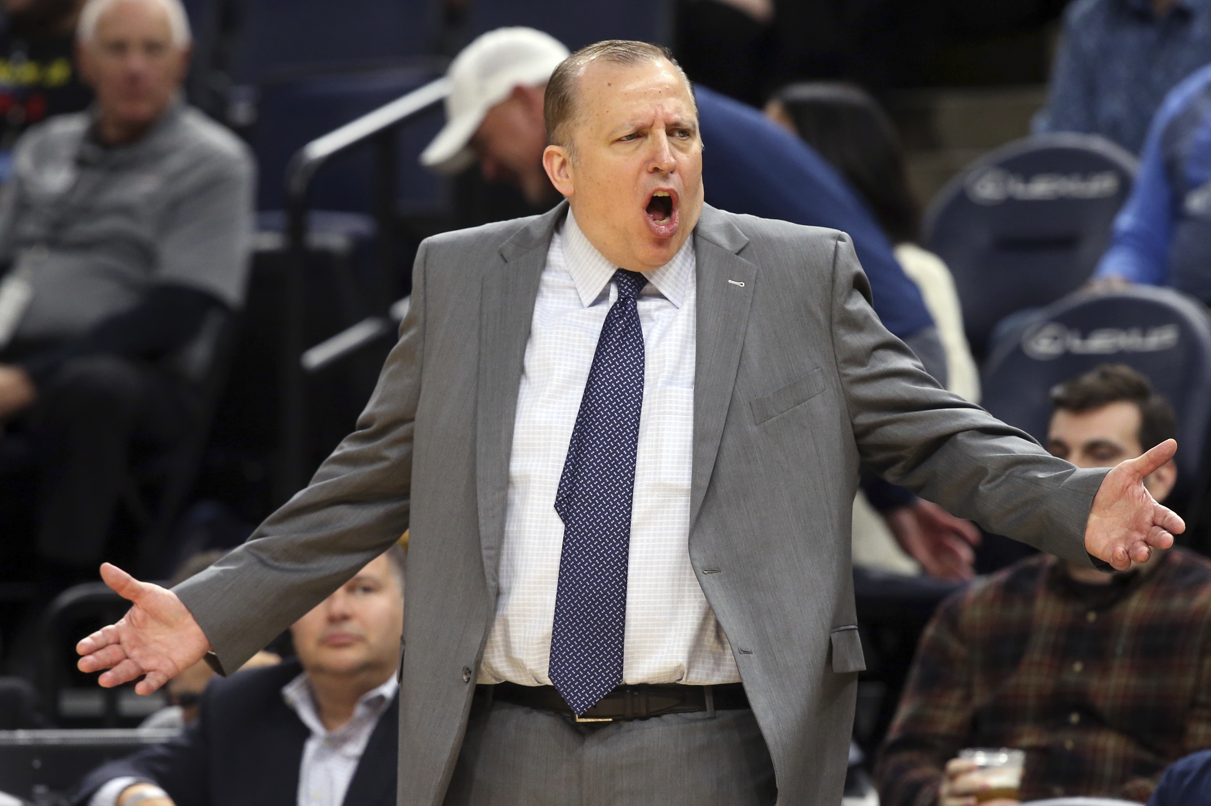 FILE - In this Oct. 5, 2018, file photo, Minnesota Timberwolves head coach Tom Thibodeau dispute a call in the second half of an NBA preseason basketball game against the Oklahoma City Thunder, in Minneapolis. With Jimmy Butler's status still unresolved, coach Tom Thibodeau and the Timberwolves head toward the season coming off the franchise’s first playoff appearance in 14 years but carrying yet a still-cloudy outlook despite the super-max contract Karl-Anthony Towns. (AP Photo/Jim Mone, File)