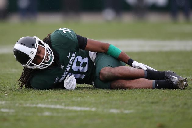 EAST LANSING, MI - OCTOBER 20: Felton Davis III #18 of the Michigan State Spartans reacts to a injury in the second quarter while playing the Michigan Wolverines at Spartan Stadium on October 20, 2018 in East Lansing, Michigan. (Photo by Gregory Shamus/Getty Images)