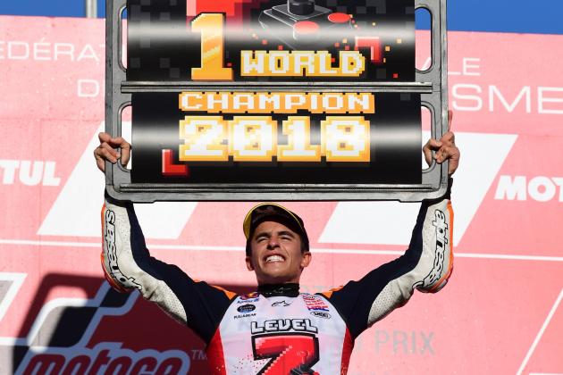 Repsol Honda Team Spanish rider Marc Marquez celebrates on the podium of the MotoGP Japanese Grand Prix at Twin Ring Motegi circuit in Motegi, Tochigi prefecture on October 21, 2018. - Honda's Marc Marquez stormed to victory in a nail-biting Japan race on October 21 to capture his third straight MotoGP world title. (Photo by Martin BUREAU / AFP)        (Photo credit should read MARTIN BUREAU/AFP/Getty Images)