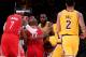 LOS ANGELES, CA - OCTOBER 20: Chris Paul #3 of the Houston Rockets and Rajon Rondo #9 of the Los Angeles Lakers fight during a 124-115 Rockets win at Staples Center on October 20, 2018 in Los Angeles, California. (Photo by Harry How/Getty Images)