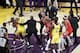 Houston Rockets' Chris Paul, far left, is held back by Los Angeles Lakers' LeBron James, second from left, after Paul fought with Lakers' Rajon Rondo, far right, during the second half of an NBA basketball game Saturday, Oct. 20, 2018, in Los Angeles. The Rockets won, 124-115. (AP Photo/Marcio Jose Sanchez)