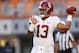 Alabama quarterback Tua Tagovailoa (13) throws to a receiver in the first half of an NCAA college football game against Tennessee Saturday, Oct. 20, 2018, in Knoxville, Tenn. (AP Photo/Wade Payne)