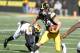 IOWA CITY, IOWA- OCTOBER 20: Wide receiver Nick Easley #84 of the Iowa Hawkeyes runs up the field during the first half in front of defensive back RaVon Davis #2 of the Maryland Terrapins on October 20, 2018 at Kinnick Stadium, in Iowa City, Iowa. (Photo by Matthew Holst/Getty Images)