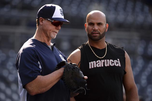 Los Angeles Angels' Albert Pujols, right, and San Diego Padres' Mark McGwire talk before the baseball game Tuesday, Aug. 14, 2018, in San Diego. (AP Photo/Orlando Ramirez)