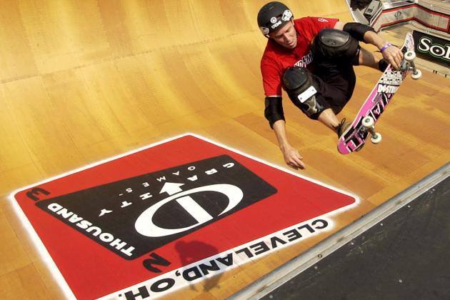 Neal Hendrix, 30, Redondo Beach, Calif., practices on the half pipe Wednesday, Sept. 10, 2003 in Cleveland. Gravity Games will consist of bike, freestyle motocross, inline skating, skateboarding and wakeboarding. (AP Photo/Tony Dejak)