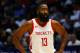 Houston Rockets guard James Harden (13) waits for the ball to be thrown in during the first half of a preseason NBA basketball game against the Memphis Grizzlies, Tuesday, Oct. 2, 2018, in Birmingham, Ala. (AP Photo/Butch Dill)