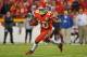 KANSAS CITY, MO - OCTOBER 21: Wide receiver Tyreek Hill #10 of the Kansas City Chiefs rushes down field after catching a pass during the first half against the Cincinnati Bengals on October 21, 2018 at Arrowhead Stadium in Kansas City, Missouri. (Photo by Peter G. Aiken/Getty Images)