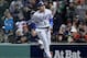 BOSTON, MA - OCTOBER 24: Manny Machado #8 of the Los Angeles Dodgers reacts after scoring a run during the fourth inning against the Boston Red Sox in Game Two of the 2018 World Series at Fenway Park on October 24, 2018 in Boston, Massachusetts. (Photo by Elsa/Getty Images)
