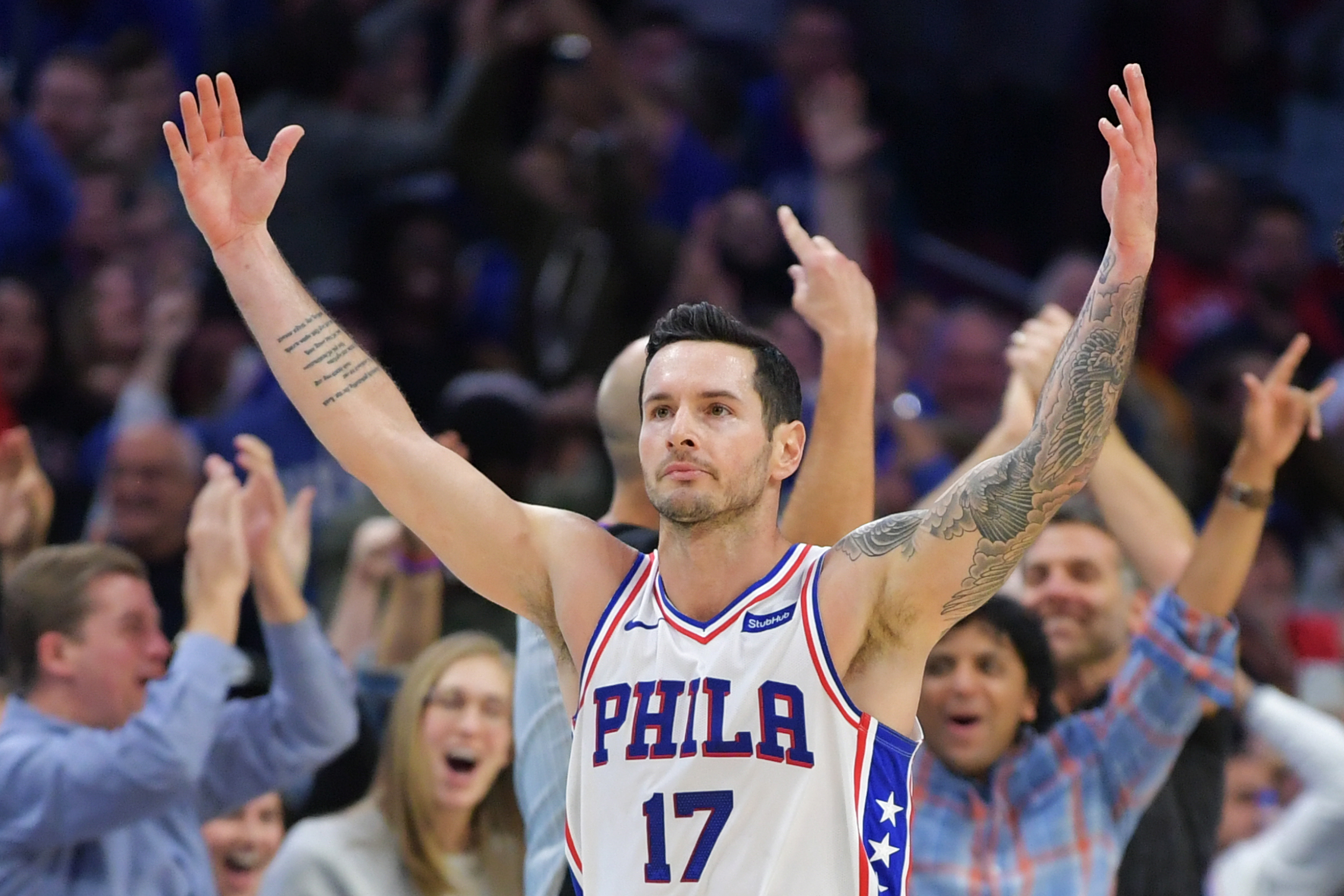 J.J Redick celebrates during a game while with the Philadelphia 76ers