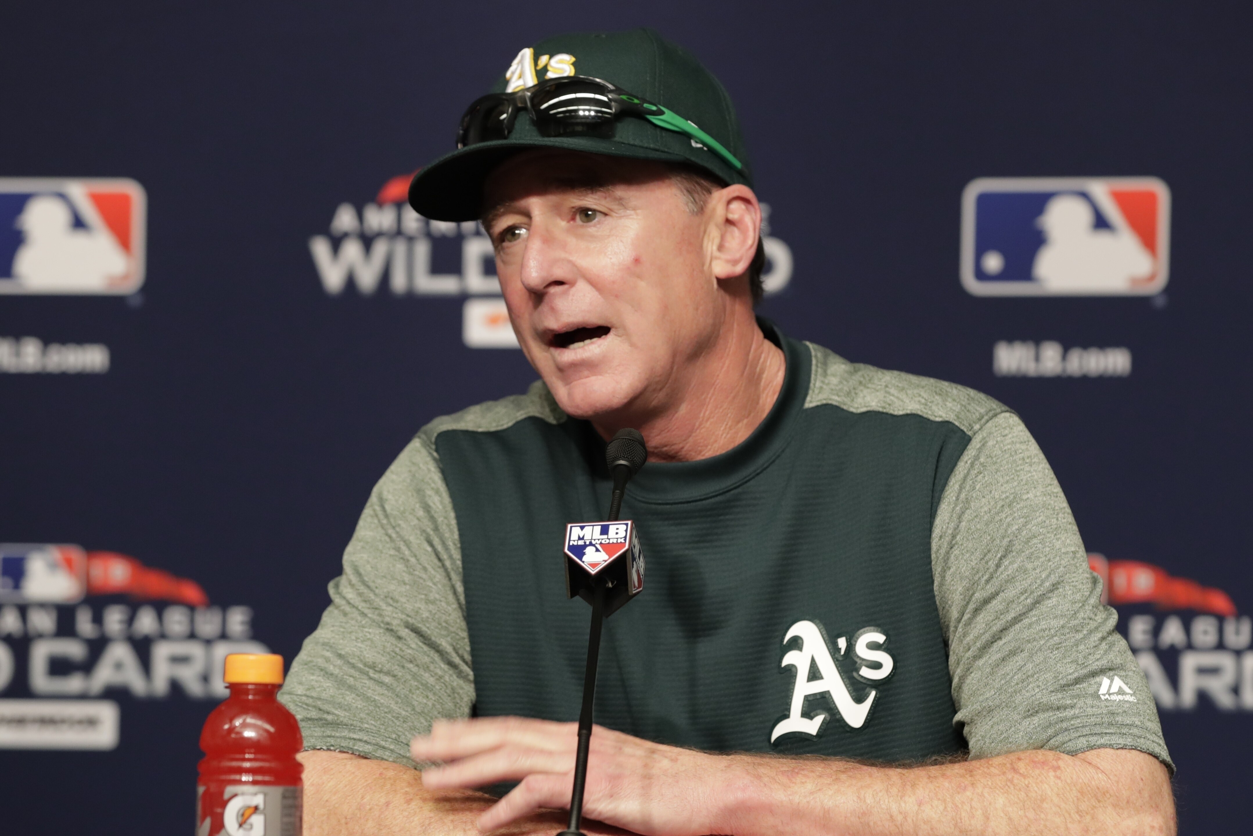 Oakland Athletics manager Bob Melvin speaks during a news conference before American League wildcard baseball game against the New York Yankees, Wednesday, Oct. 3, 2018, in New York. (AP Photo/Frank Franklin II)