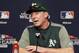 Oakland Athletics manager Bob Melvin speaks during a news conference before American League wildcard baseball game against the New York Yankees, Wednesday, Oct. 3, 2018, in New York. (AP Photo/Frank Franklin II)
