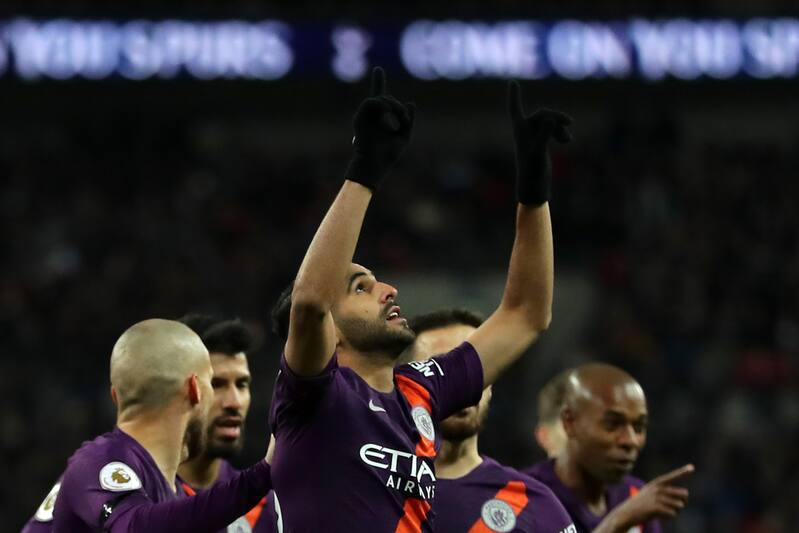 LONDON, ENGLAND - OCTOBER 29: Riyad Mahrez of Manchester City celebrates after scoring his team's first goal during the Premier League match between Tottenham Hotspur and Manchester City at Wembley Stadium on October 29, 2018 in London, United Kingdom. (Photo by Richard Heathcote/Getty Images)