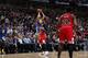 CHICAGO, IL - OCTOBER 29: Klay Thompson #11 of the Golden State Warriors shoots a three pointer against the Chicago Bulls on October 29, 2018 at United Center in Chicago, Illinois. NOTE TO USER: User expressly acknowledges and agrees that, by downloading and or using this photograph, User is consenting to the terms and conditions of the Getty Images License Agreement. Mandatory Copyright Notice: Copyright 2018 NBAE (Photo by Jeff Haynes/NBAE via Getty Images)