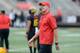 COLLEGE PARK, MD - OCTOBER 14: Head Coach DJ Durkin of the Maryland Terrapins watches the teams warm up before the game against the Northwestern Wildcats on October 14, 2017 in College Park, Maryland. (Photo by G Fiume/Maryland Terrapins/Getty Images)