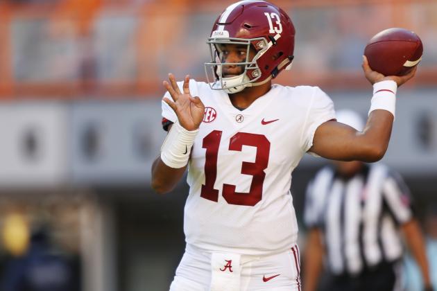 Alabama quarterback Tua Tagovailoa (13) throws to a receiver in the first half of an NCAA college football game against Tennessee Saturday, Oct. 20, 2018, in Knoxville, Tenn. (AP Photo/Wade Payne)