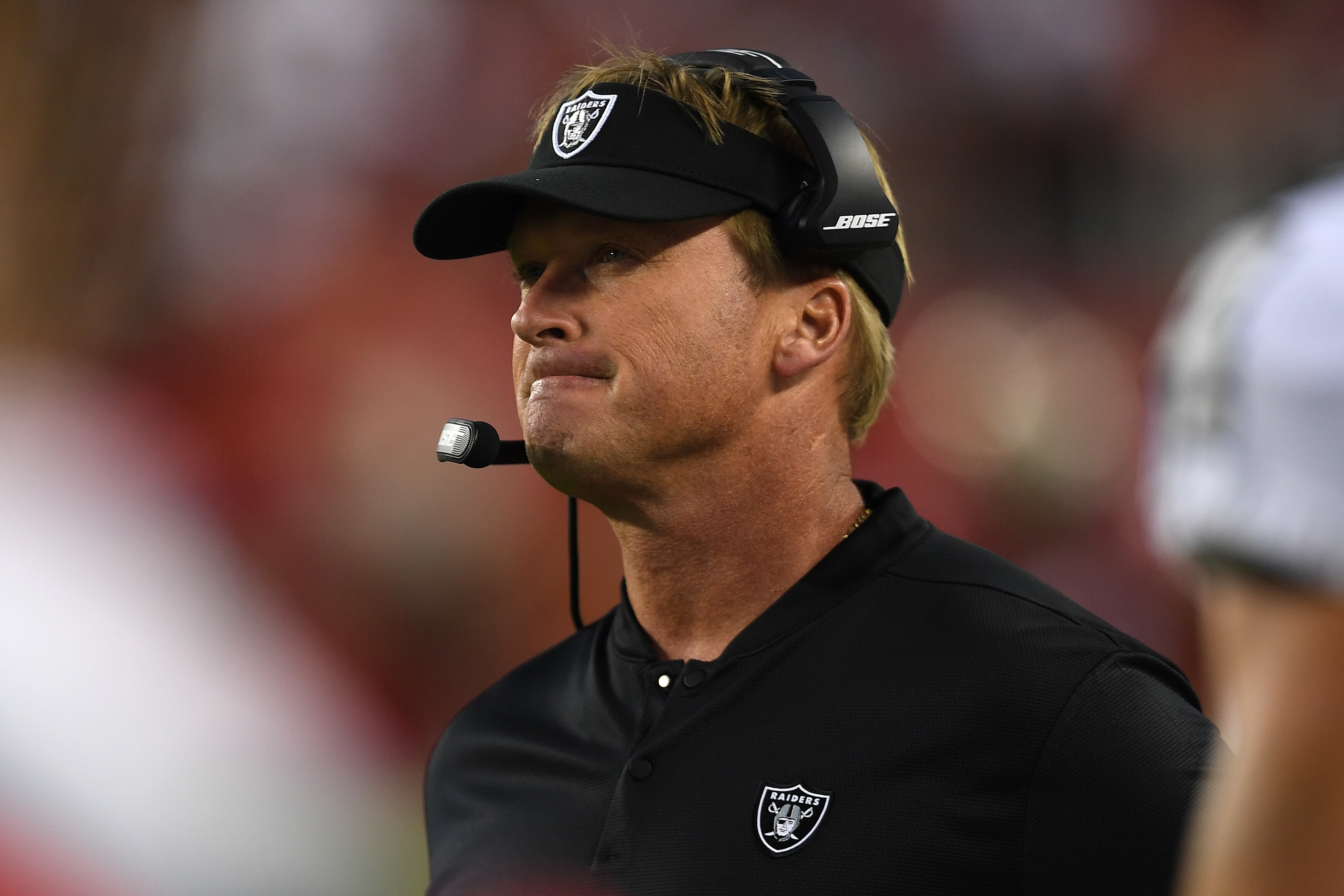 SANTA CLARA, CA - NOVEMBER 01: Head coach Jon Gruden of the Oakland Raiders looks on during their NFL game against the San Francisco 49ers at Levi's Stadium on November 1, 2018 in Santa Clara, California. (Photo by Thearon W. Henderson/Getty Images)