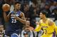 Minnesota Timberwolves' Jimmy Butler, left, looks to pass as Los Angeles Lakers' Josh Hart defends in the second half of an NBA basketball game Monday, Oct. 29, 2018, in Minneapolis.The Timberwolves won 124-120. (AP Photo/Jim Mone)