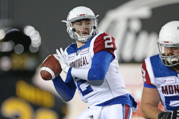 HAMILTON, ON - NOVEMBER 3:  Johnny Manziel #2 of the Montreal Alouettes fires a pass against the Hamilton Tiger-Cats in a CFL game at Tim Hortons Field on November 3, 2018 in Hamilton, Ontario, Canada. (Photo by Claus Andersen/Getty Images)