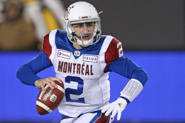 HAMILTON, ON - NOVEMBER 3:  Johnny Manziel #2 of the Montreal Alouettes gets set to fire a pass against the Hamilton Tiger-Cats in a CFL game at Tim Hortons Field on November 3, 2018 in Hamilton, Ontario, Canada. (Photo by Claus Andersen/Getty Images)