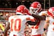 CLEVELAND, OH - NOVEMBER 04: Kareem Hunt #27 celebrates his touchdown with Tyreek Hill #10 of the Kansas City Chiefs during the fourth quarter against the Cleveland Browns at FirstEnergy Stadium on November 4, 2018 in Cleveland, Ohio. (Photo by Kirk Irwin/Getty Images)