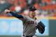 HOUSTON, TX - OCTOBER 05: Corey Kluber #28 of the Cleveland Indians delivers a pitch in the first inning against the Houston Astros during Game One of the American League Division Series at Minute Maid Park on October 5, 2018 in Houston, Texas. (Photo by Tim Warner/Getty Images)