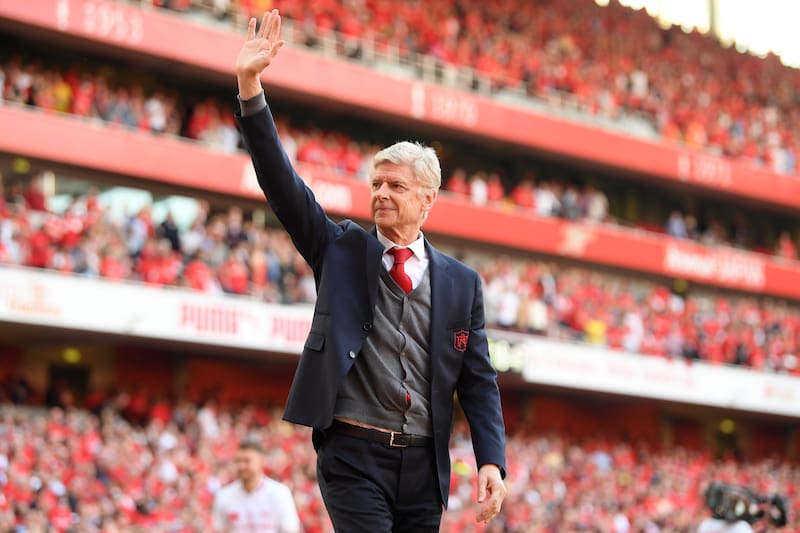 LONDON, ENGLAND - MAY 06: Arsenal manager Arsene Wenger waves farewell to the Arsenal fans at the end of the Premier League match between Arsenal and Burnley at Emirates Stadium on May 6, 2018 in London, England. (Photo by Mike Hewitt/Getty Images)