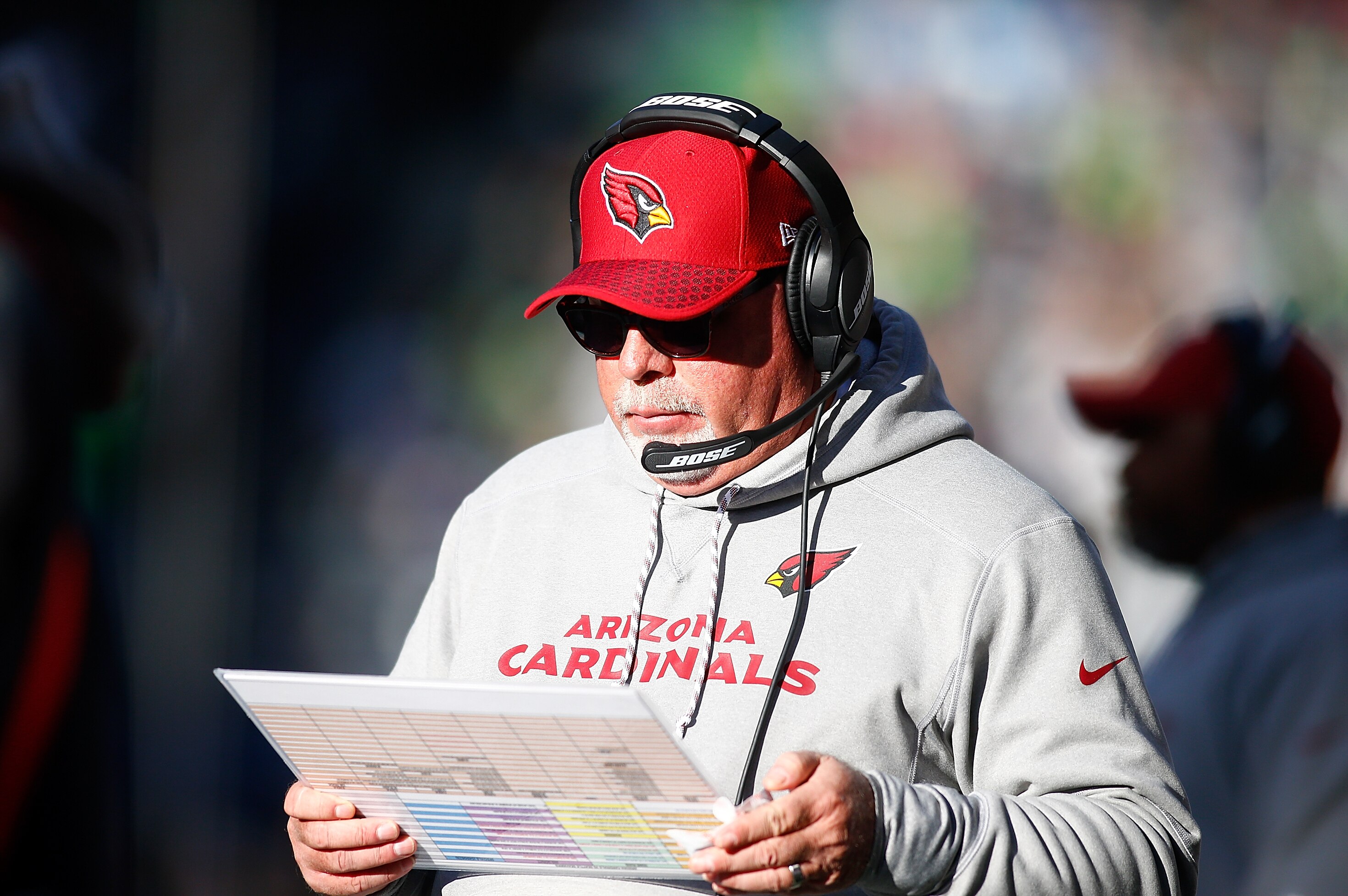 SEATTLE, WA - DECEMBER 31:  Head Coach Bruce Arians of the Arizona Cardinals against the Seattle Seahawks at CenturyLink Field on December 31, 2017 in Seattle, Washington.  (Photo by Jonathan Ferrey/Getty Images)
