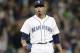 Seattle Mariners closing pitcher Edwin Diaz reacts after striking out Texas Rangers' Jurickson 4-1 win the Mariners in a baseball game, Saturday, Sept. 29, 2018, in Seattle. (AP Photo / John Froschauer)