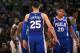 BOSTON, MA - OCTOBER 16: Ben Simmons #25 and Markelle Fultz #20 of the Philadelphia 76ers high five during the game against the Boston Celtics on October 16, 2018 at the TD Garden in Boston, Massachusetts. NOTE TO USER: User expressly acknowledges and agrees that, by downloading and/or using this photograph, user is consenting to the terms and conditions of the Getty Images License Agreement. Mandatory Copyright Notice: Copyright 2018 NBAE (Photo by Brian Babineau/NBAE via Getty Images)