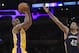 Los Angeles Lakers forward Metta World Peace shoots as New Orleans Pelicans center Alexis Ajinca defends during the second half of an NBA basketball game, Tuesday, April 11, 2017, in Los Angeles. The Lakers won 108-96. (AP Photo/Mark J. Terrill)