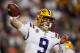 LSU quarterback Joe Burrow (9) passes in the first half of an NCAA college football game against Alabama in Baton Rouge, La., Saturday, Nov. 3, 2018. (AP Photo/Gerald Herbert)