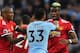Manchester United's French midfielder Paul Pogba (R) clashes with Manchester City's Brazilian striker Gabriel Jesus after a foul on Manchester United's English midfielder Jesse Lingard by Manchester City's Brazilian midfielder Fernandinho during the English Premier League football match between Manchester City and Manchester United at the Etihad Stadium in Manchester, north west England, on April 7, 2018. / AFP PHOTO / Ben STANSALL / RESTRICTED TO EDITORIAL USE. No use with unauthorized audio, video, data, fixture lists, club/league logos or 'live' services. Online in-match use limited to 75 images, no video emulation. No use in betting, games or single club/league/player publications. / (Photo credit should read BEN STANSALL/AFP/Getty Images)