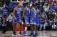 INDIANAPOLIS, IN - NOVEMBER 06: Cam Reddish #2 of the Duke Blue Devils celebrates with RJ Barrett #5, Zion Williamson #1 and Marques Bolden #20 during the State Farm Champions Classic against the Kentucky Wildcats at Bankers Life Fieldhouse on November 6, 2018 in Indianapolis, Indiana. Duke defeated Kentucky 118-84. (Photo by Joe Robbins/Getty Images)