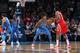 OKLAHOMA CITY, OK - NOVEMBER 8: James Harden #13 of the Houston Rockets looks to pass the ball during the game against Paul George #13 of the Oklahoma City Thunder on November 8, 2018 at Chesapeake Energy Arena in Oklahoma City, Oklahoma. NOTE TO USER: User expressly acknowledges and agrees that, by downloading and/or using this photograph, user is consenting to the terms and conditions of the Getty Images License Agreement. Mandatory Copyright Notice: Copyright 2018 NBAE (Photo by Zach Beeker/NBAE via Getty Images)