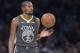 Golden State Warriors forward Kevin Durant handles the ball during the first half of an NBA basketball game against the New York Knicks, Friday, Oct. 26, 2018, at Madison Square Garden in New York. (AP Photo/Mary Altaffer)