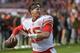 Kansas City Chiefs quarterback Patrick Mahomes warms up before an NFL football game against the Cleveland Browns, Sunday, Nov. 4, 2018, in Cleveland. (AP Photo/David Richard)