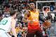 SALT LAKE CITY, UT - NOVEMBER 9: Donovan Mitchell #45 of the Utah Jazz handles the ball against the Boston Celtics on November 9, 2018 at Vivint Smart Home Arena in Salt Lake City, Utah. NOTE TO USER: User expressly acknowledges and agrees that, by downloading and/or using this photograph, user is consenting to the terms and conditions of the Getty Images License Agreement. Mandatory Copyright Notice: Copyright 2018 NBAE (Photo by Melissa Majchrzak/NBAE via Getty Images)