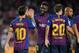Barcelona's Argentinian forward Lionel Messi (L) celebrates with Barcelona's French defender Samuel Umtiti (2ndL) after scoring his team's third goal during the Spanish league football match between Barcelona and Alaves at the Camp Nou stadium in Barcelona on August 18, 2018. (Photo by LLUIS GENE / AFP) (Photo credit should read LLUIS GENE/AFP/Getty Images)
