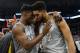 MINNEAPOLIS, MN - APRIL 11: Jimmy Butler #23 and Karl-Anthony Towns #32 of the Minnesota Timberwolves celebrate defeating the Denver Nuggets after the game on April 11, 2018 at the Target Center in Minneapolis, Minnesota. The Timberwolves defeated the Nuggets 112-106. NOTE TO USER: User expressly acknowledges and agrees that, by downloading and or using this Photograph, user is consenting to the terms and conditions of the Getty Images License Agreement. (Photo by Hannah Foslien/Getty Images)