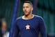 HOUSTON, TX - OCTOBER 16: Carlos Correa #1 of the Houston Astros looks on during batting practice before Game Three of the American League Championship Series against the Boston Red Sox at Minute Maid Park on October 16, 2018 in Houston, Texas. (Photo by Bob Levey/Getty Images)