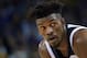 OAKLAND, CA - NOVEMBER 02: Jimmy Butler #23 of the Minnesota Timberwolves looks on against the Golden State Warriors during an NBA basketball game at ORACLE Arena on November 2, 2018 in Oakland, California. NOTE TO USER: User expressly acknowledges and agrees that, by downloading and or using this photograph, User is consenting to the terms and conditions of the Getty Images License Agreement. (Photo by Thearon W. Henderson/Getty Images)