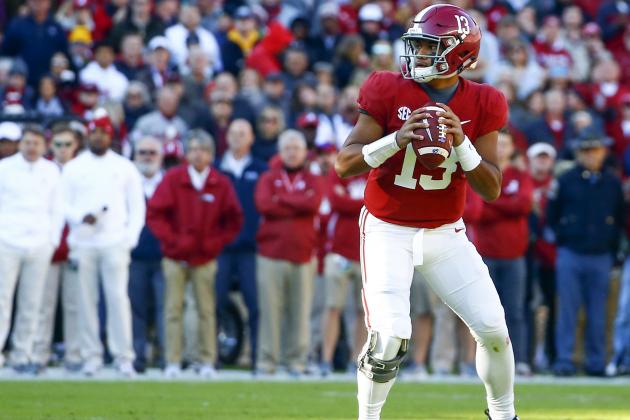 Alabama quarterback Tua Tagovailoa (13) drops back to pass against Mississippi State during the first half of an NCAA college football game, Saturday, Nov. 10, 2018, in Tuscaloosa, Ala. (AP Photo/Butch Dill)