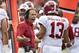 FAYETTEVILLE, AR - OCTOBER 6: Head Coach Nick Saban talks with Tua Tagovailoa #13 of the Alabama Crimson Tide as he comes off the field in the first quarter of a game against the Arkansas Razorbacks at Razorback Stadium on October 6, 2018 in Tuscaloosa, Alabama. The Crimson Tide defeated the Razorbacks 65-31. (Photo by Wesley Hitt/Getty Images)