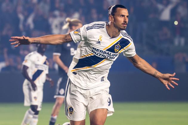 CARSON, CA - SEPTEMBER 29: Zlatan Ibrahimovic #9 of Los Angeles Galaxy celebrates his penalty kick goal during the Los Angeles Galaxy's MLS match against Vancouver Whitecaps at the StubHub Center on September 29, 2018 in Carson, California.  The Los Angeles Galaxy won the match 3-0 (Photo by Shaun Clark/Getty Images)