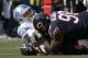 Detroit Lions quarterback Matthew Stafford (9) is sacked by Chicago Bears cornerback Bryce Callahan (37) and defensive tackle Bilal Nichols (98) during the first half of an NFL football game Sunday, Nov. 11, 2018, in Chicago. (AP Photo/David Banks)
