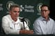 Oakland Athletics' Executive VP of Baseball Operations Billy Beane, left, and Manager Bob Melvin answer questions from reporters during a media conference Friday, Oct. 5, 2018, in San Francisco. After a 97-65 regular season, Oakland lost the wild-card game 7-2 to New York on Wednesday night at Yankee Stadium. (AP Photo/Ben Margot)