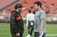 Cleveland Browns quarterback Baker Mayfield, left, talks with New York Jets quarterback Sam Darnold before an NFL football game between the Browns and the Jets, Thursday, Sept. 20, 2018, in Cleveland. (AP Photo/Ron Schwane)
